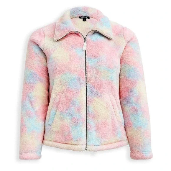 Torrid Plus Size 2 Cotton Candy Tie Dye Plush Zip Up Sherpa Jacket Pink Blue New - Picture 2 of 4